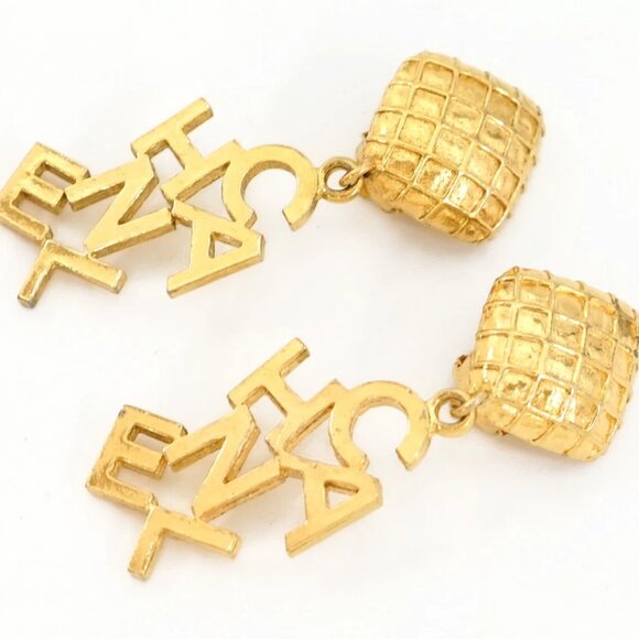 CHANEL Logos Quilted Drop Dangle Earrings Gold Tone Auth w/Box #22400 - Picture 3 of 6